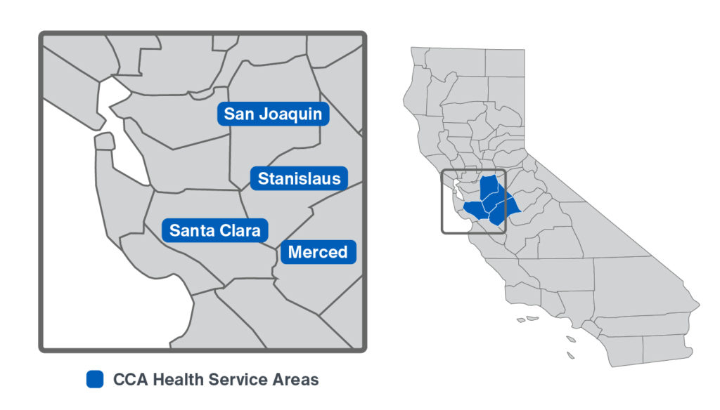A map of California showing San Joaquin, Stanislaus, Santa Clara, and Merced counties